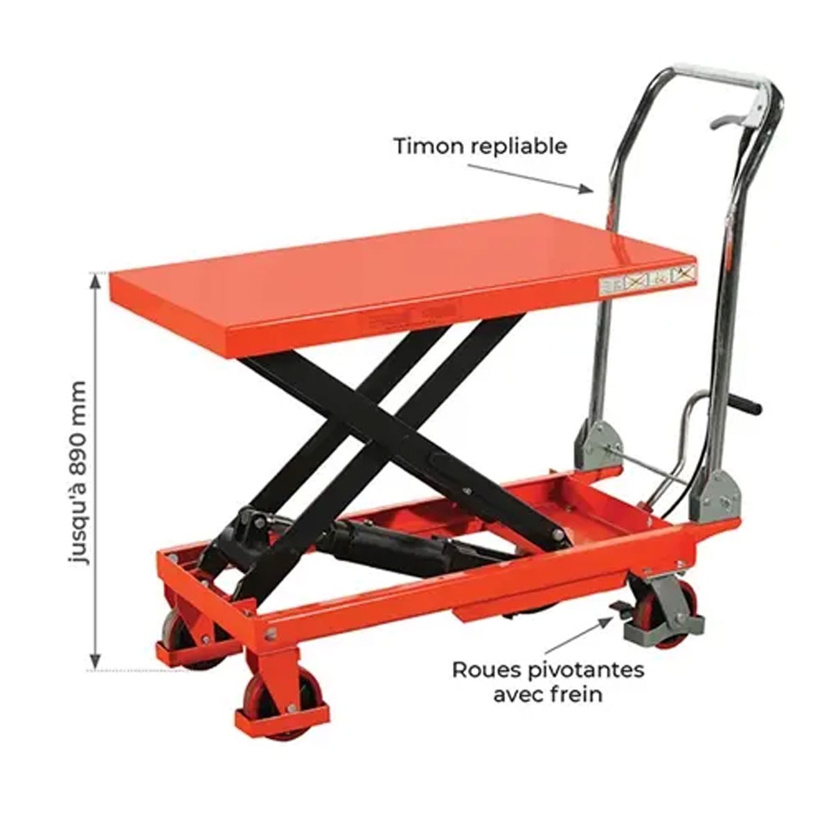 Table de manutention manuelle 500 kg avec timon repliable