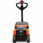 Vue latérale du tracteur électrique TE20LI avec timon haut, roues non marquantes et système d’attelage arrière.